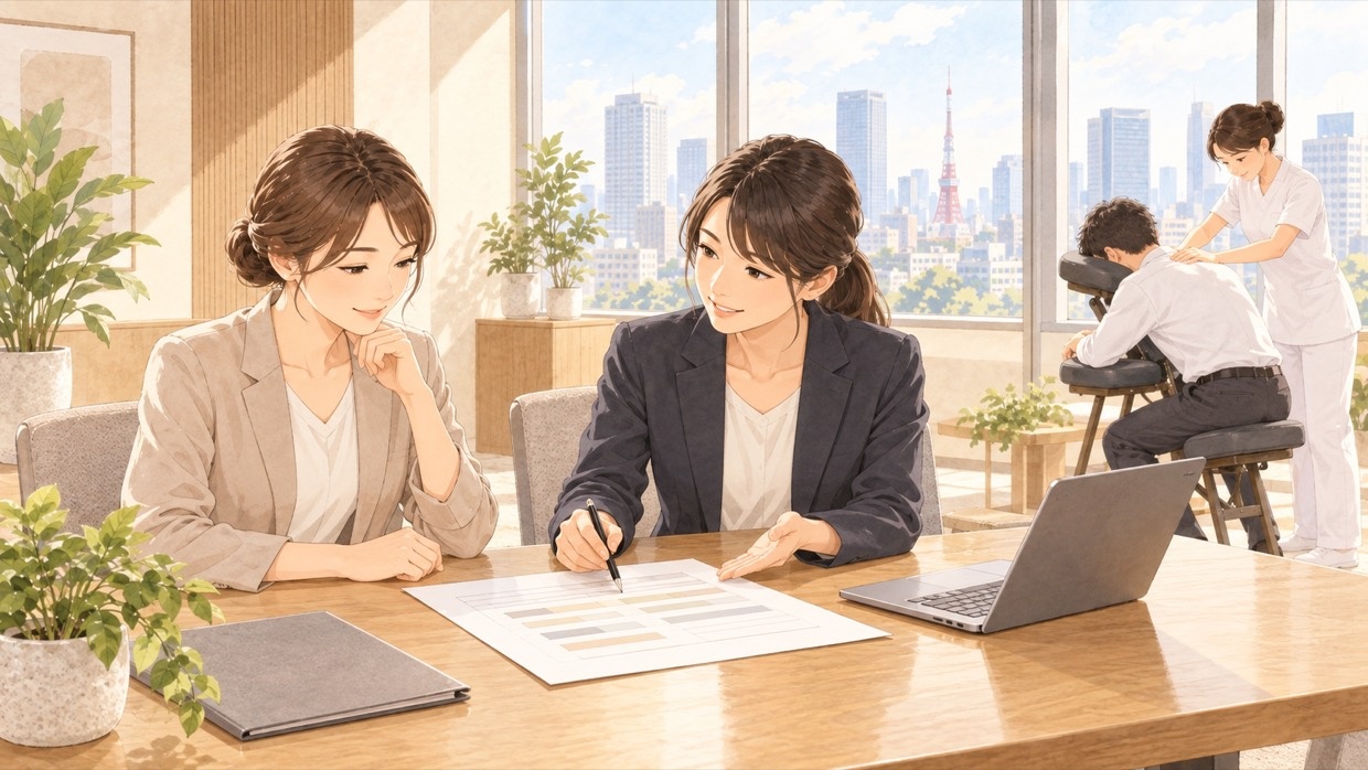 東京のオフィスの会議室で、人事担当者とサービスの担当者が契約内容を確認し、奥ではセラピストが社員を施術している様子（イラスト）