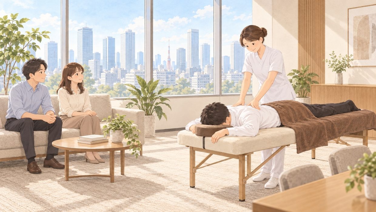東京のオフィスの会議室で、セラピストが社員を施術し、順番を待つ社員がソファに座っている様子（イラスト）