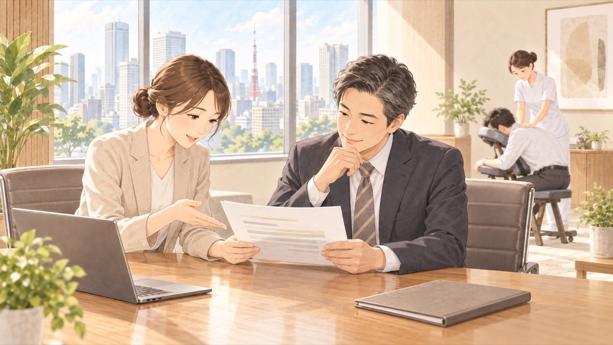 会議室で人事担当者が決裁者に福利厚生の提案書を説明し、奥ではセラピストが社員を施術している様子（イラスト）
