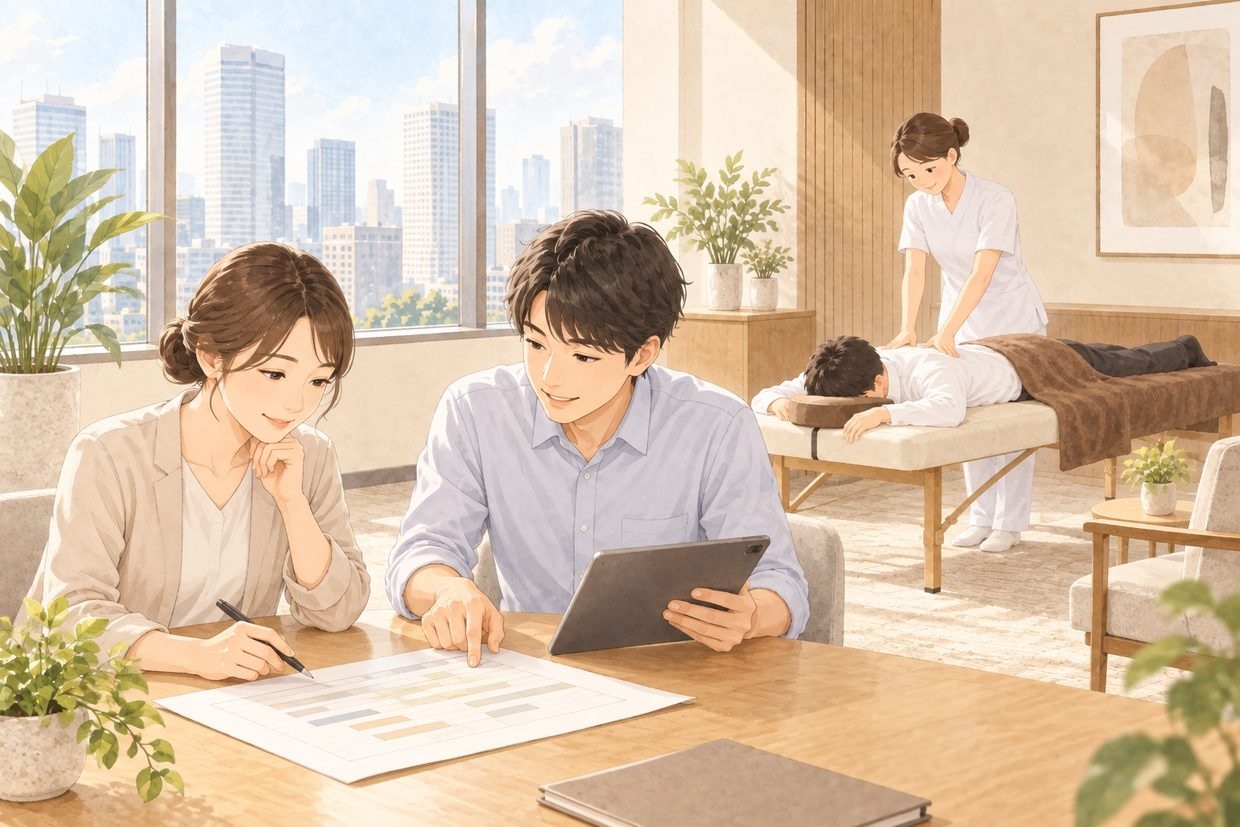 人事担当者2名が会議室で福利厚生の導入計画を相談している様子（イラスト）