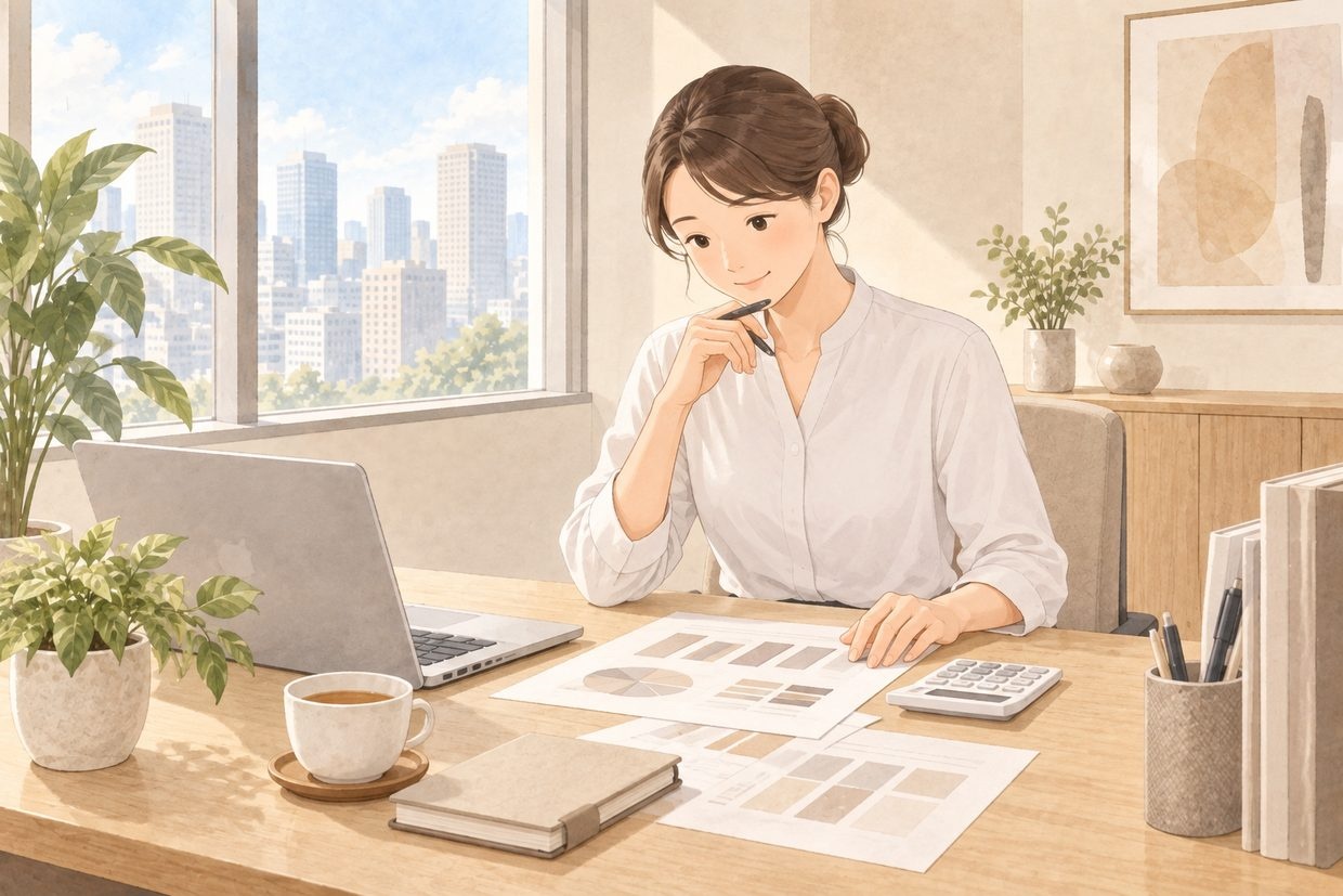 人事担当者が電卓と資料で福利厚生の予算を検討している様子（イラスト）