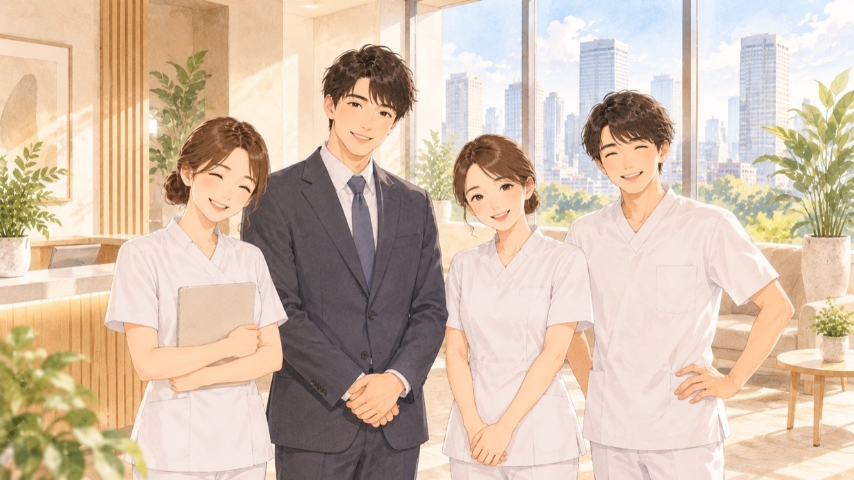 明るいオフィスで、スーツの担当者と白衣のセラピストたちが並んで笑顔で立っている様子（イラスト）