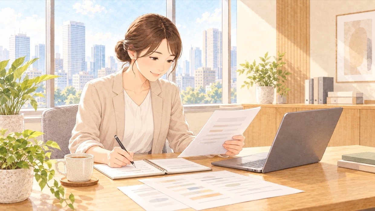 人事担当者がパソコンと資料でオフィスマッサージについて調べている様子（イラスト）