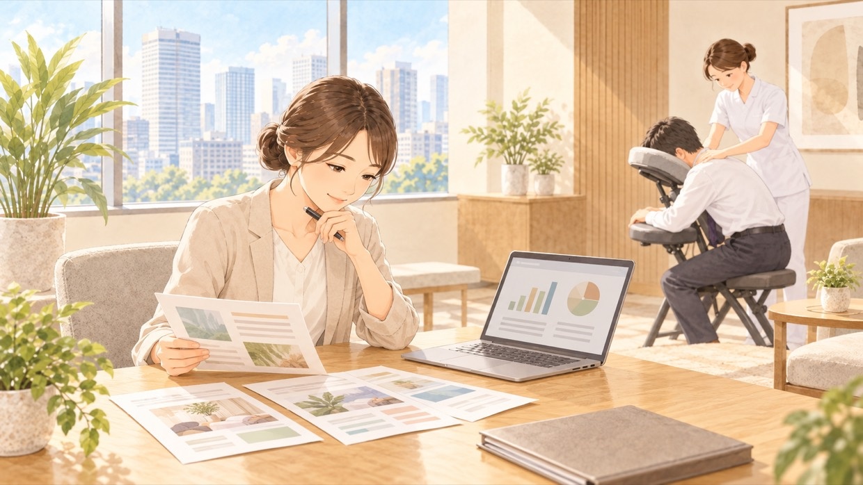 人事担当者が資料とパソコンで福利厚生の選択肢を比べている様子（イラスト）