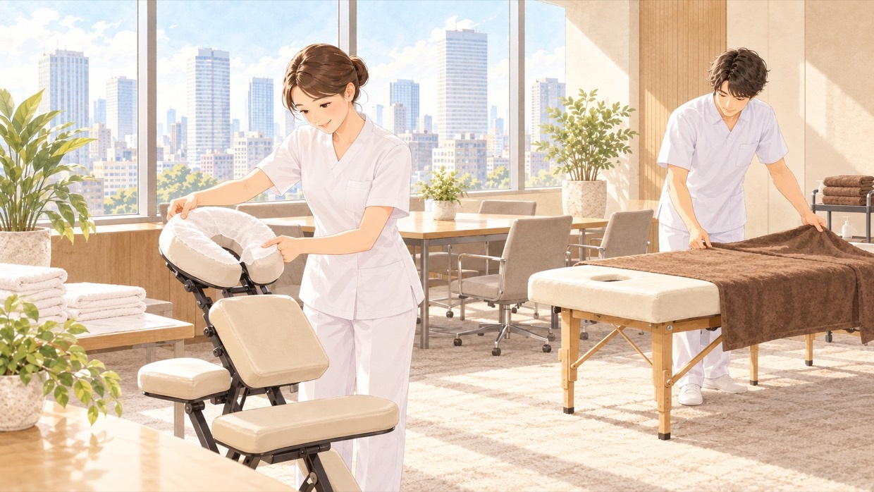 オフィスの会議室でセラピストが施術用のいすとベッドを準備している様子（イラスト）