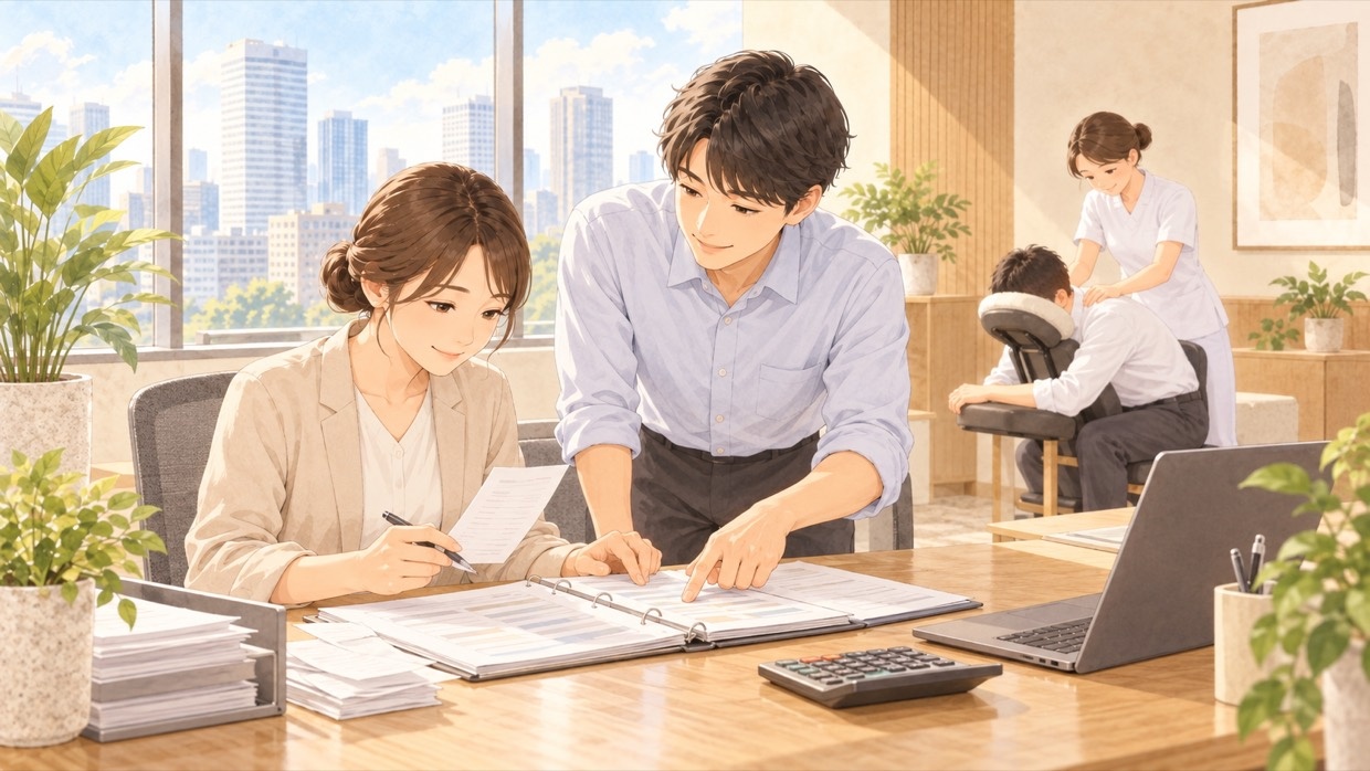 経理担当者が領収書と帳簿を確認し、同僚が説明している様子。奥ではセラピストが社員を施術している(イラスト)