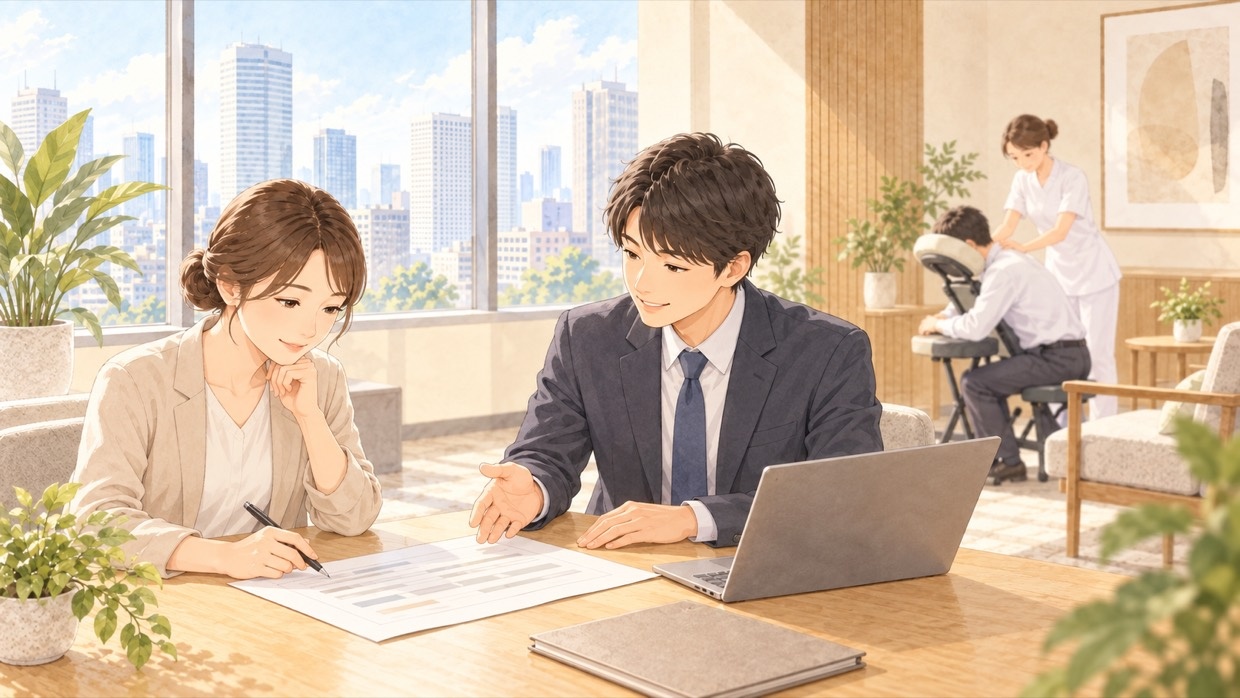 人事担当者が契約書を読み、サービスの担当者が説明している様子（イラスト）