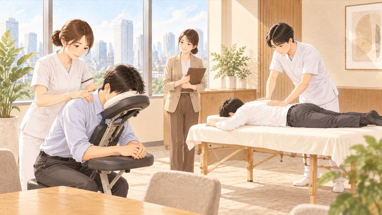 会議室で、セラピストがいすでの肩の施術とベッドでの身体のケアを行い、人事担当者が様子を見ている様子(イラスト)