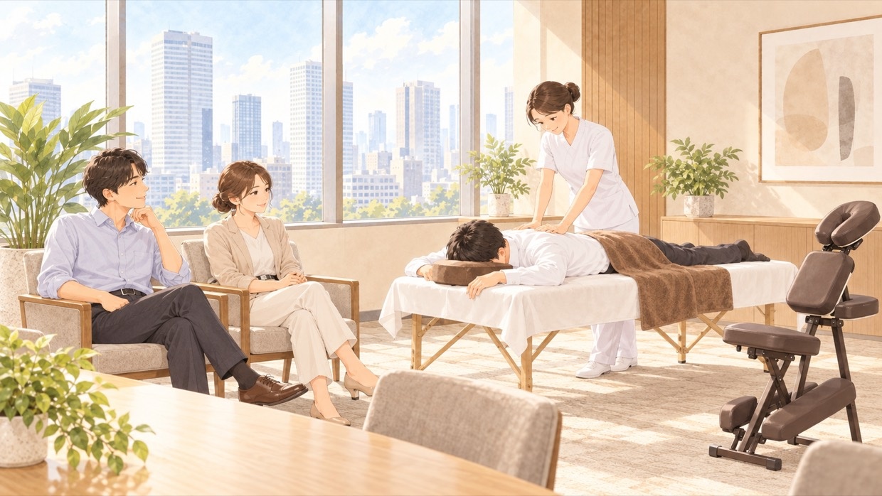 会議室で社員がベッドで施術を受け、ほかの社員が順番を待っている様子（イラスト）