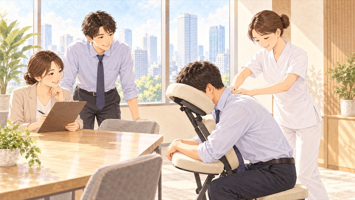 会議室で社員がいすに座って体験施術を受け、人事担当者が様子を見ている様子（イラスト）